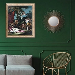 «Бахус и Ариадна» в интерьере классической гостиной с зеленой стеной над диваном