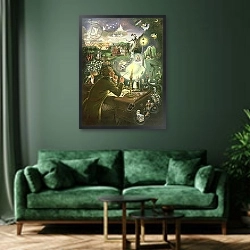 «Hans Christian Andersen» в интерьере зеленой гостиной над диваном