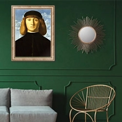 «Портрет молодого мужчины 9» в интерьере классической гостиной с зеленой стеной над диваном