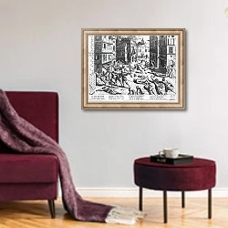 «Scenes of the Spanish fury at Antorff, 1576» в интерьере гостиной в бордовых тонах