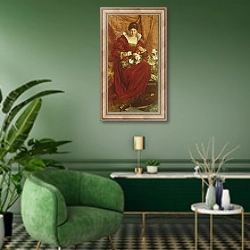 «A Lady arranging flowers» в интерьере гостиной в зеленых тонах