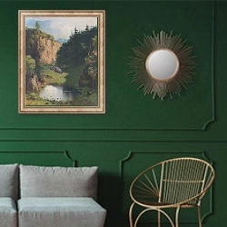 «Пруд 3» в интерьере классической гостиной с зеленой стеной над диваном