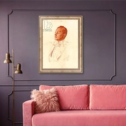 «Portrait of Prokofiev, 1937» в интерьере гостиной с розовым диваном