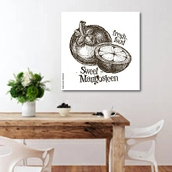 «Иллюстрация с мангостином» в интерьере кухни с деревянным столом