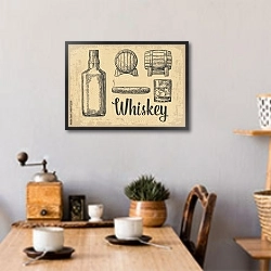 «Стакан виски с кубиками льда, бочка, бутылка, сигара» в интерьере кухни над обеденным столом с кофемолкой