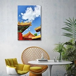 «Дворцы, пагоды на территории Запретного города, Пекин» в интерьере современной гостиной с желтым креслом