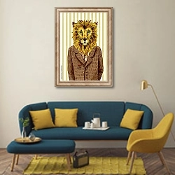 «Лев в пиджаке» в интерьере гостиной в стиле поп-арт с желтыми деталями