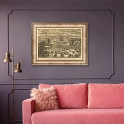 «Вид на бассейн Аполлона в Версальском парке» в интерьере гостиной с розовым диваном