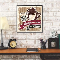 «Винтажный плакат с капучино» в интерьере кабинета в стиле лофт над столом