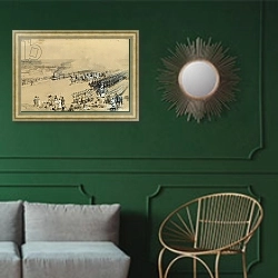 «The First Train, 1883» в интерьере классической гостиной с зеленой стеной над диваном