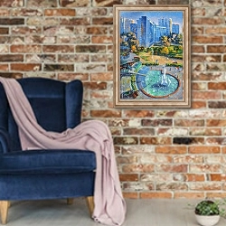 «Пение фонтана на фоне небоскребов, архитектурный ландшафт любимого города Сочи» в интерьере в стиле лофт с кирпичной стеной и синим креслом