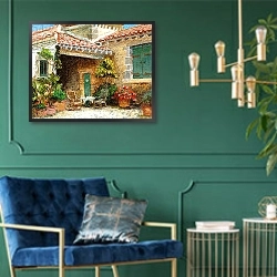 «Provence Barn, 2006» в интерьере классической гостиной с зеленой стеной над диваном