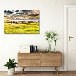 «Стая антилоп в поле на рассвете» в интерьере современной прихожей над тумбой