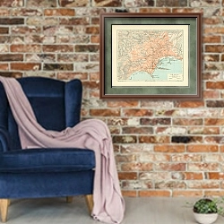 «Карта Неаполя, конец 19 в.» в интерьере в стиле лофт с кирпичной стеной и синим креслом