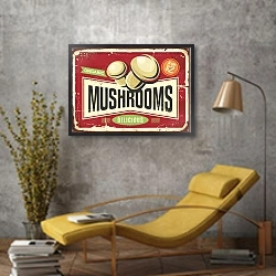 «Винтажная вывеска с грибами» в интерьере в стиле лофт с желтым креслом