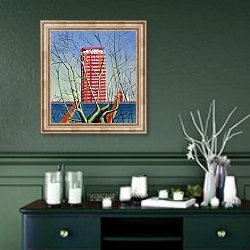 «Red Tower, 2005» в интерьере прихожей в зеленых тонах над комодом