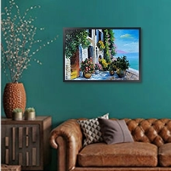 «Терраса у моря 2» в интерьере гостиной с зеленой стеной над диваном