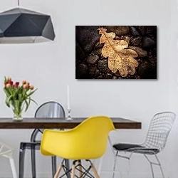 «Осенний дубовый лист на камнях» в интерьере столовой в скандинавском стиле с яркими деталями