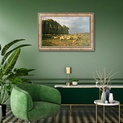 «Flock of Sheep in a Landscape» в интерьере гостиной в зеленых тонах