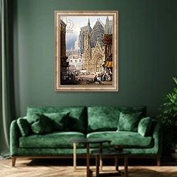 «Rouen Cathedral» в интерьере зеленой гостиной над диваном
