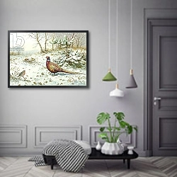 «Cock Pheasant and Chaffinch» в интерьере прихожей в зеленых тонах над комодом