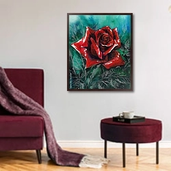 «Красная роза в изумрудной листве, акварель» в интерьере гостиной в бордовых тонах