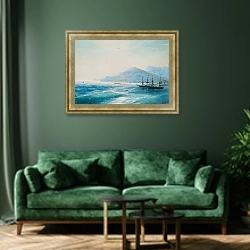 «Корабли недалеко от побережья 1886» в интерьере зеленой гостиной над диваном