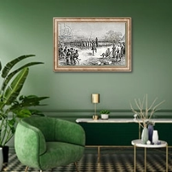 «Sir Henry Morton Stanley watching a phalanx dance by Mazamboni's warriors at Usiri, 1890» в интерьере гостиной в зеленых тонах