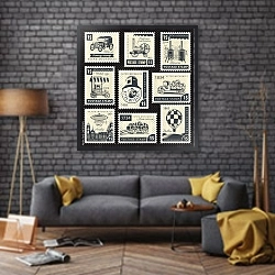 «Набор марок с ретро-механикой» в интерьере в стиле лофт над диваном