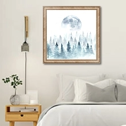 «Пейзаж зимнего леса и восходящей луны» в интерьере белой спальни в скандинавском стиле