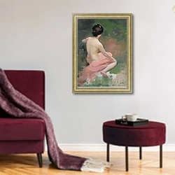 «Female Nude» в интерьере гостиной в бордовых тонах