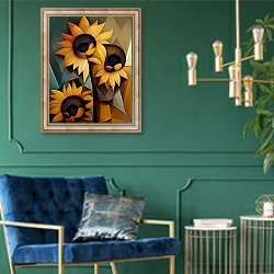 «Подсолнухи» в интерьере в классическом стиле с зеленой стеной