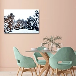 «Сосны в снегу» в интерьере современной столовой в пастельных тонах