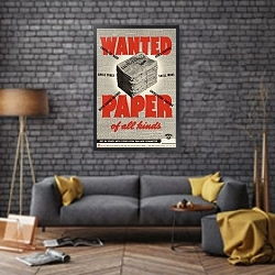 «Wanted: Paper of All Kinds» в интерьере в стиле лофт над диваном