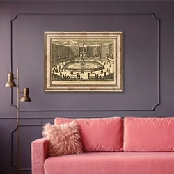 «Вид на фонтан со статуей трубящей Славы» в интерьере гостиной с розовым диваном
