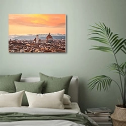 «Италия. Флоренция. Закатная панорама» в интерьере современной спальни в зеленых тонах