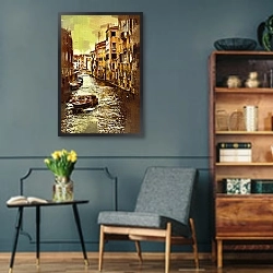 «Венецианский канал с лодками» в интерьере гостиной в стиле ретро в серых тонах