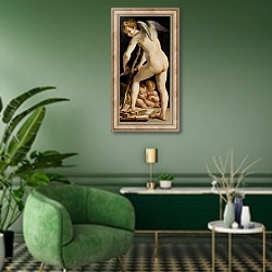 «Cupid Carving a Bow, 1533/34» в интерьере гостиной в зеленых тонах