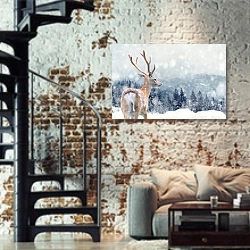 «Олень на фоне заснеженного леса» в интерьере двухярусной гостиной в стиле лофт с кирпичной стеной