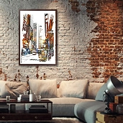 «Абстрактный городской пейзаж» в интерьере гостиной в стиле лофт с кирпичной стеной