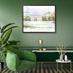 «Salzburg Sound of Music» в интерьере зеленой гостиной над диваном