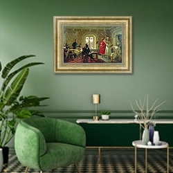 «Итальянский посланник Кальвуччи зарисовывает любимых соколов царя Алексея Михайловича» в интерьере гостиной в зеленых тонах
