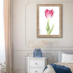 «Розовый тюльпан на белом фоне» в интерьере спальни в стиле прованс с синими деталями