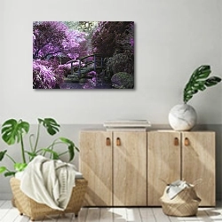 «Деревянный мост в розовых зарослях» в интерьере современной комнаты над комодом