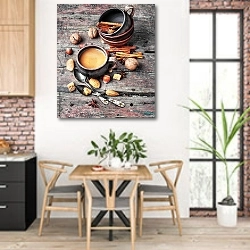 «Кофе с корицей и орехами» в интерьере кухни с кирпичными стенами над столом
