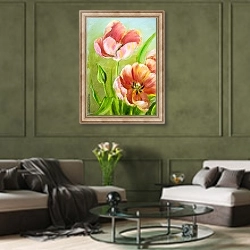 «Винтажные красные тюльпаны, деталь 2» в интерьере гостиной в оливковых тонах