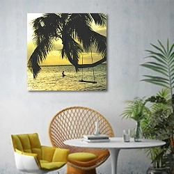 «Купание в океане на закате» в интерьере современной гостиной с желтым креслом
