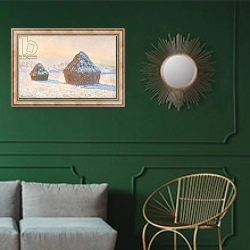 «Wheatstaks, snow Effect, Morning, 1891» в интерьере классической гостиной с зеленой стеной над диваном