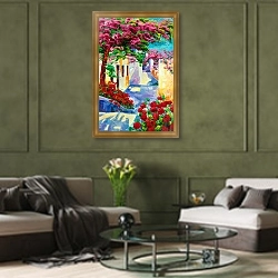 «Цветущие улицы Санторини» в интерьере гостиной в оливковых тонах