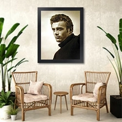 «Dean, James 18» в интерьере комнаты в стиле ретро с плетеными креслами